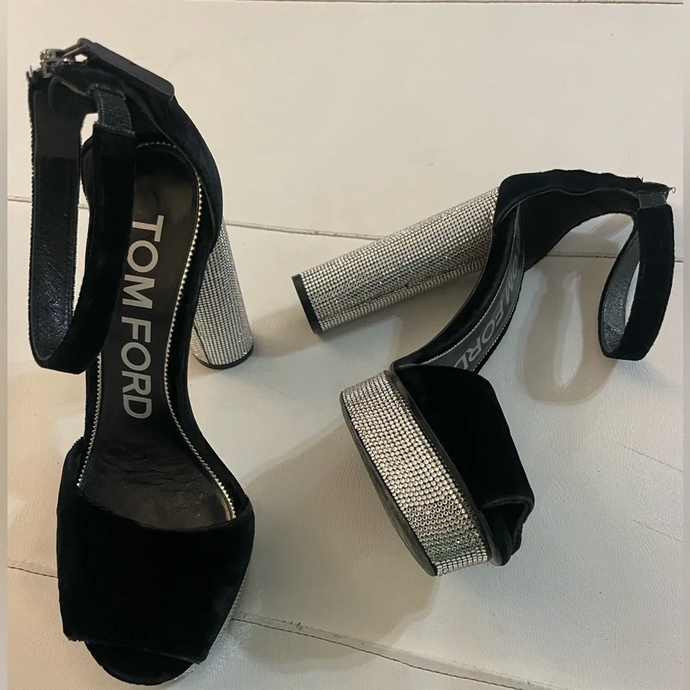 TOM FORD Black Velvet Crystal Holiday Platform Sandals 39